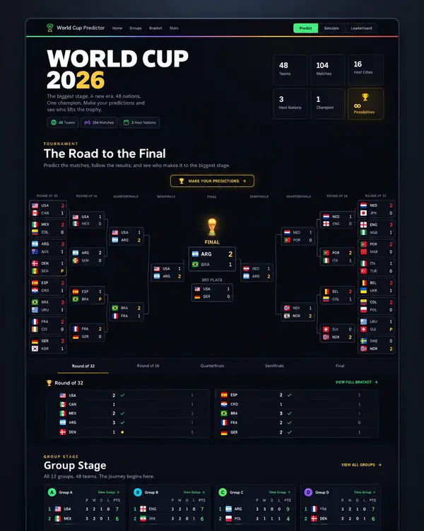 World Cup Tracker overview showing tournament stats, the Road to the Final bracket, and group-stage standings.